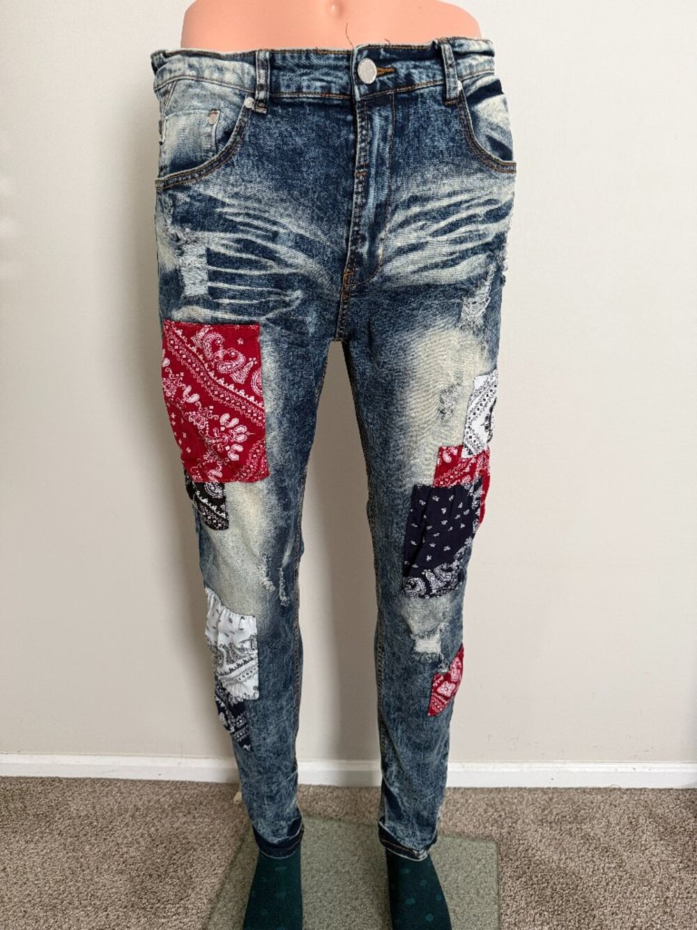 Bleecker & Mercer Men's Tapered-Fit Patch Jeans (Blue/Dark Blue/Red), Size 36/32